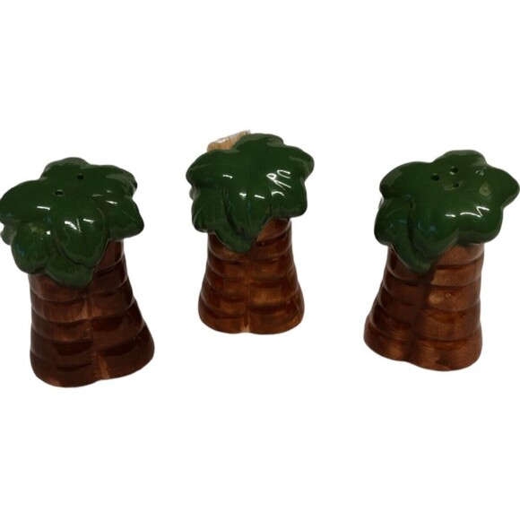 3 pcs Palm Trees Salt Pepper Shaker Toothpick Holder Tropical Beach Vintage -SEE - Picture 1 of 6